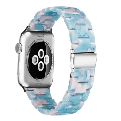 Aurora Premium Apple Resin Watch Band with unique marbled patterns and stainless steel clasp on Apple Watch