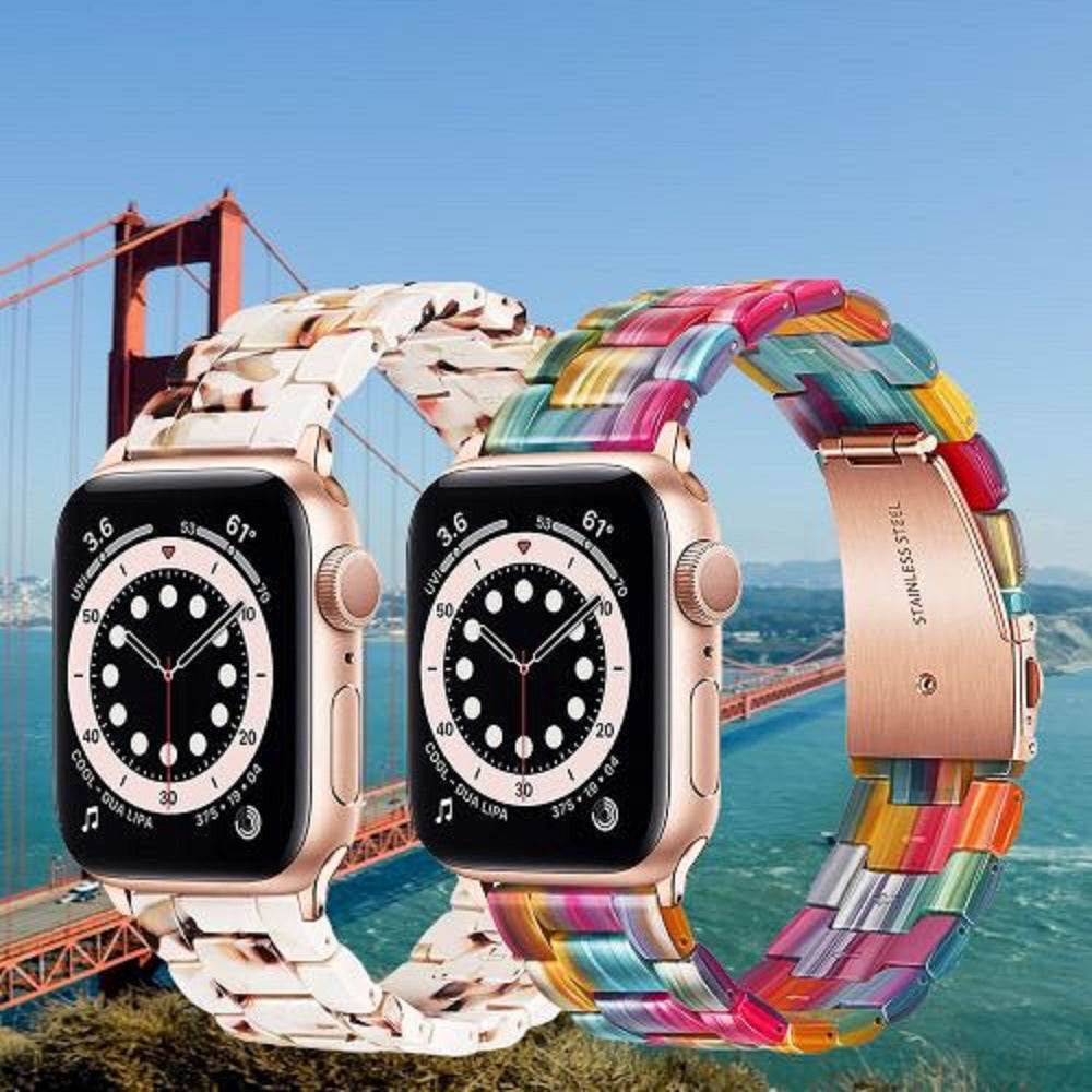 Aurora Premium Apple Resin Watch Band with unique marbled patterns and stainless steel clasp on Apple Watch