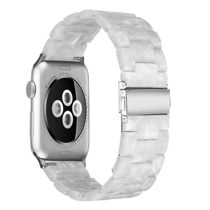 Close-up of Aurora™ premium polished resin Apple Watch band with unique marbled pattern and stainless steel clasp
