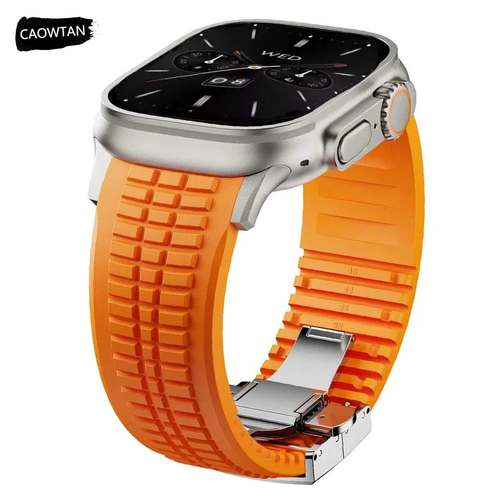 OceanPro™ Ocean Sport Apple Watch Band in black silicone with titanium buckle designed for water activities and everyday wear