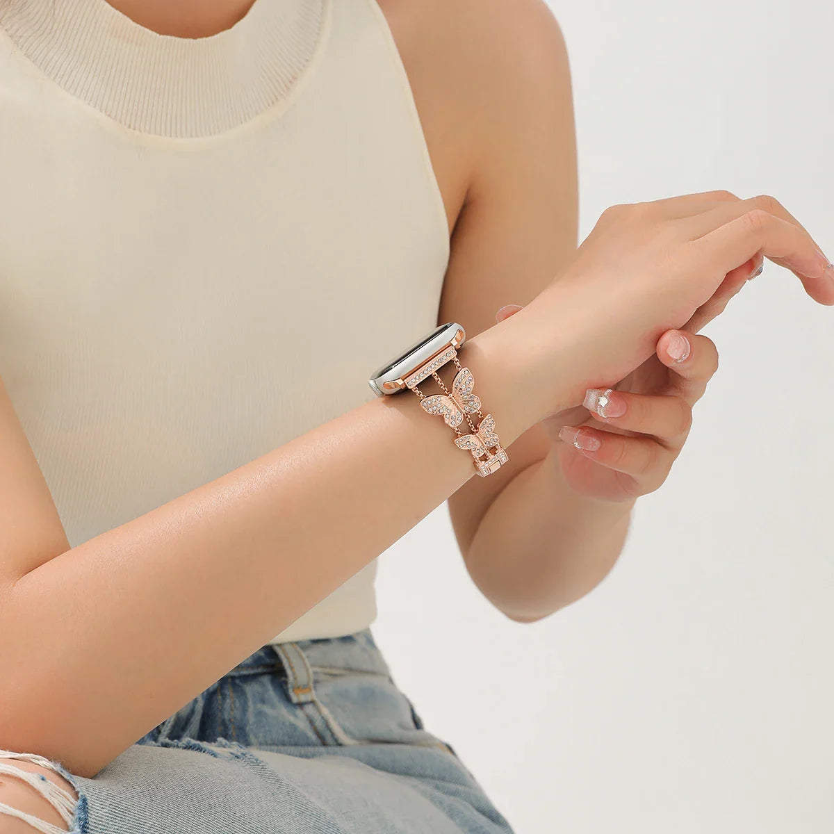 Elegant Butterfly Luxe™ Bling Apple Watch Bracelet with sparkling crystal accents and butterfly links