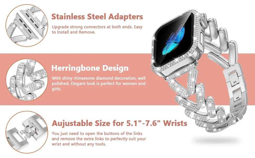 Bling Diamond Stainless Steel Apple Watch Band 38mm to 49mm Bracelet - Strap Shack