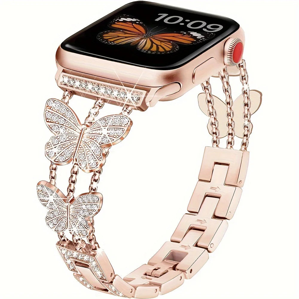 Elegant Bling Apple Watch Bracelet with butterfly-inspired links and sparkling crystal accents