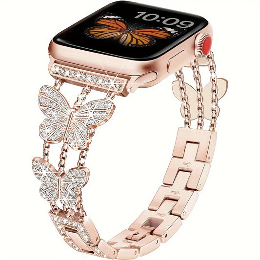 Elegant Bling Apple Watch Bracelet with butterfly-inspired links and sparkling crystal accents