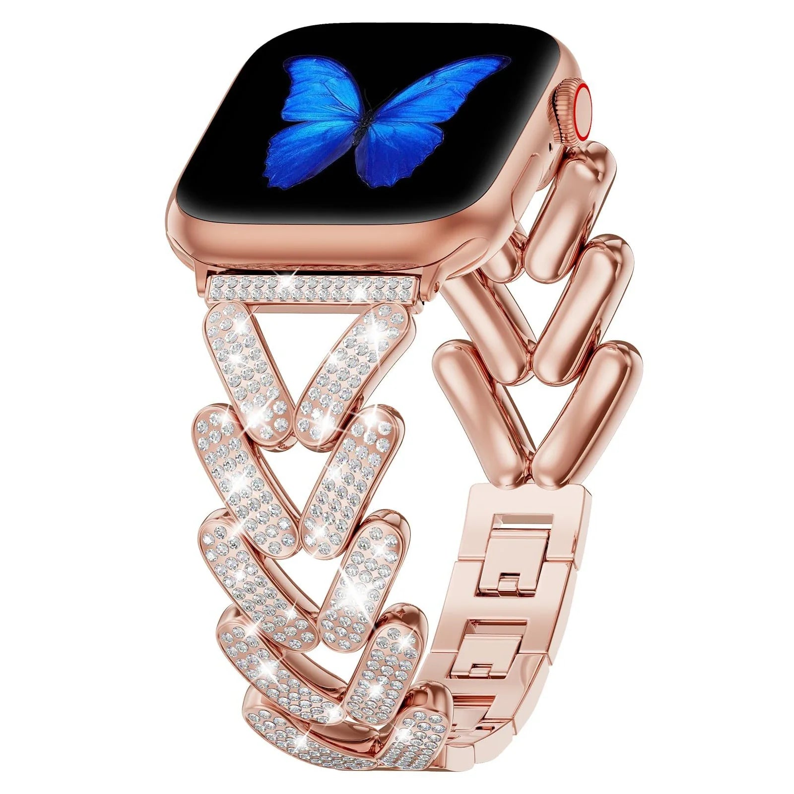 Butterfly Luxe Bling Apple Watch Bracelet with sparkling crystals and butterfly-inspired links on wrist