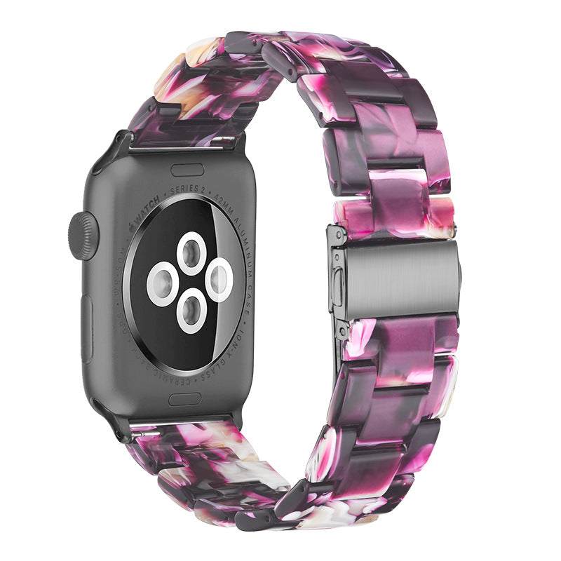 Premium polished resin Apple Watch band with unique marbled patterns and stainless steel clasp